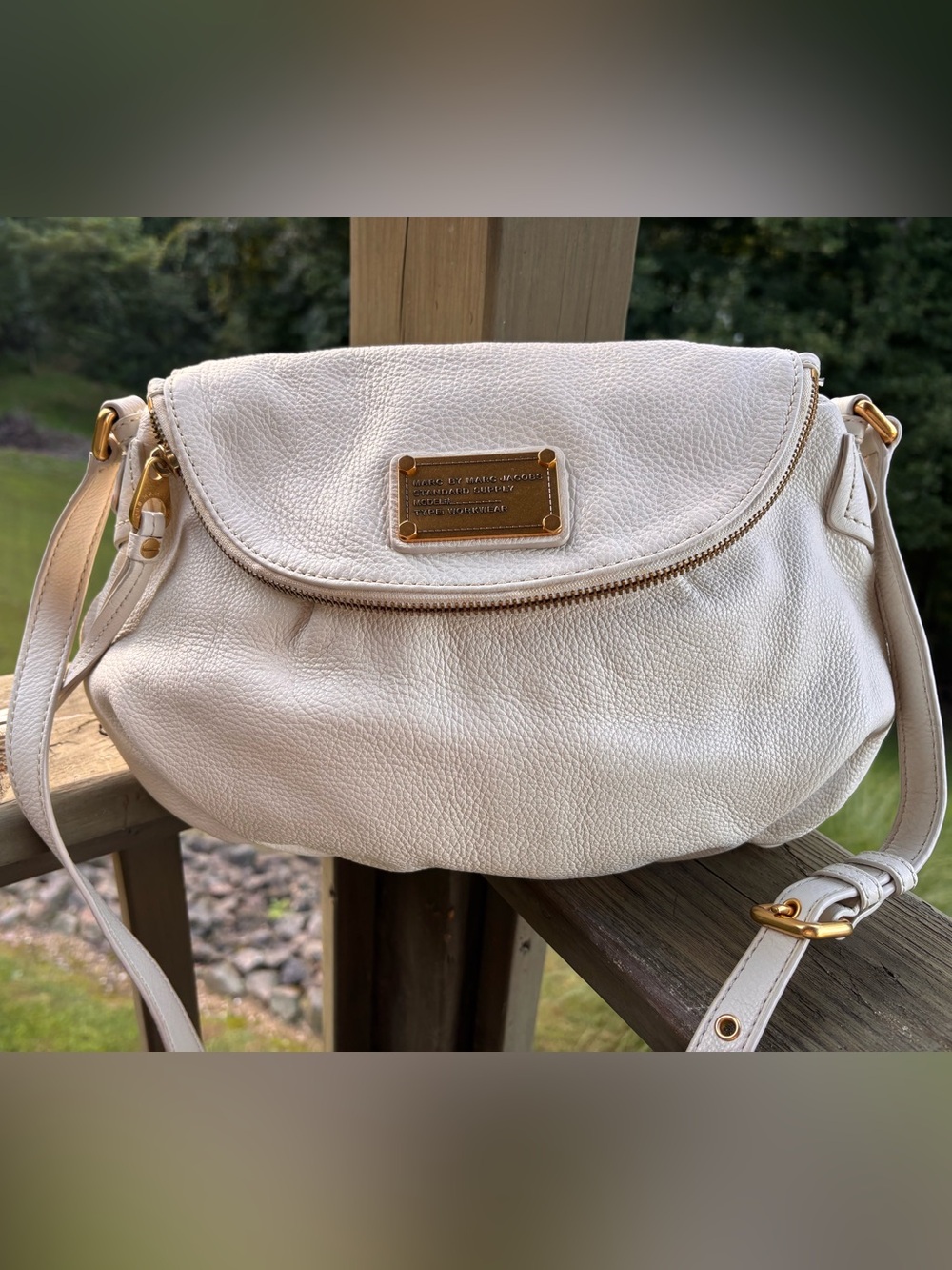 Marc by Marc Jacobs White Cream Pebbled Leather Crossbody with Gold Plaque